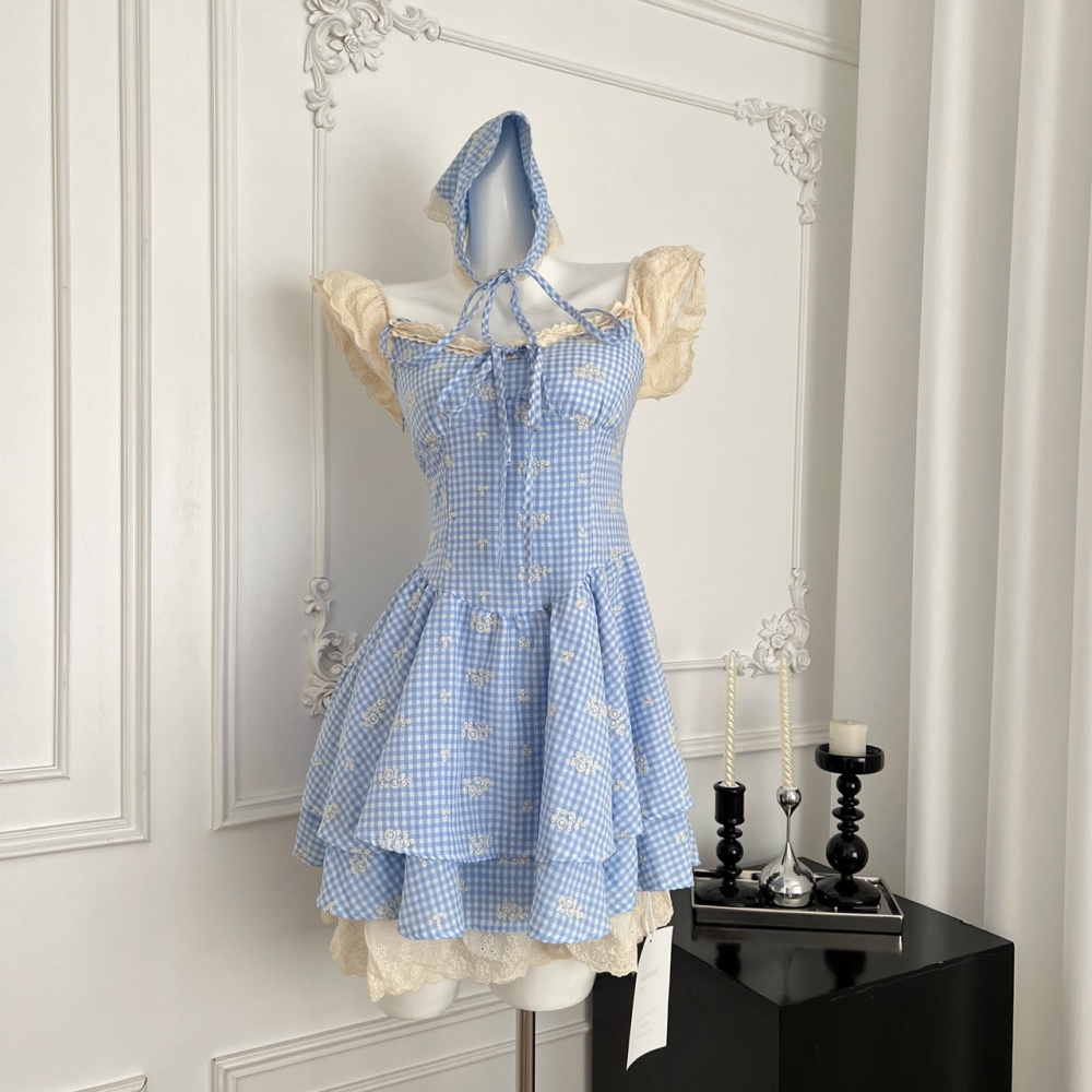 Retro blue Sexy underwear plaid boats sleeve dress