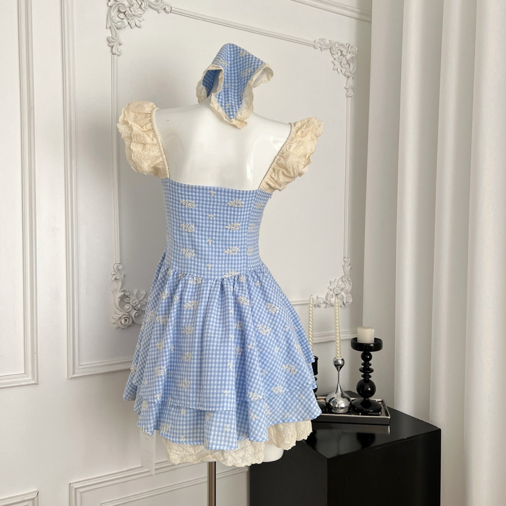 Retro blue Sexy underwear plaid boats sleeve dress
