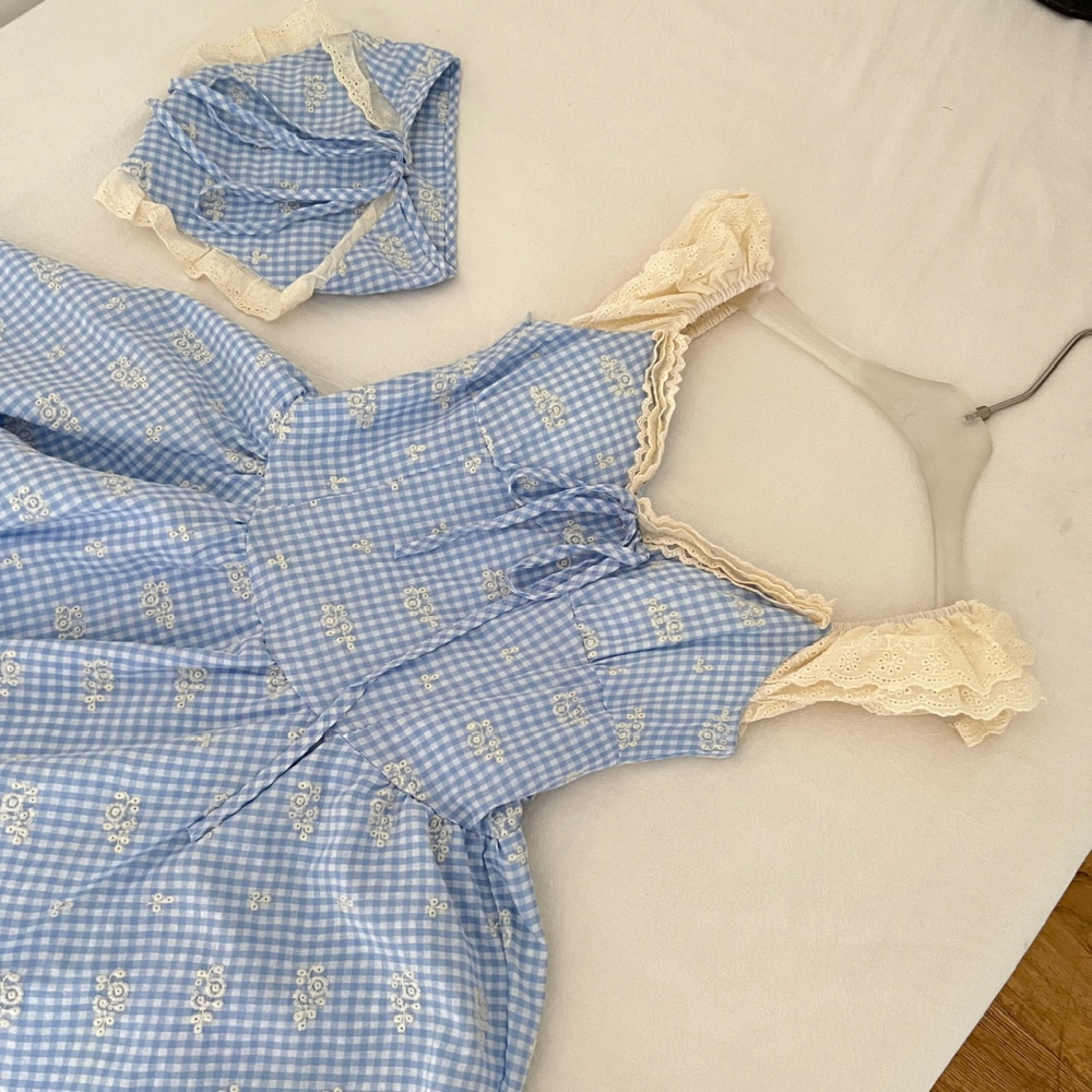 Retro blue Sexy underwear plaid boats sleeve dress