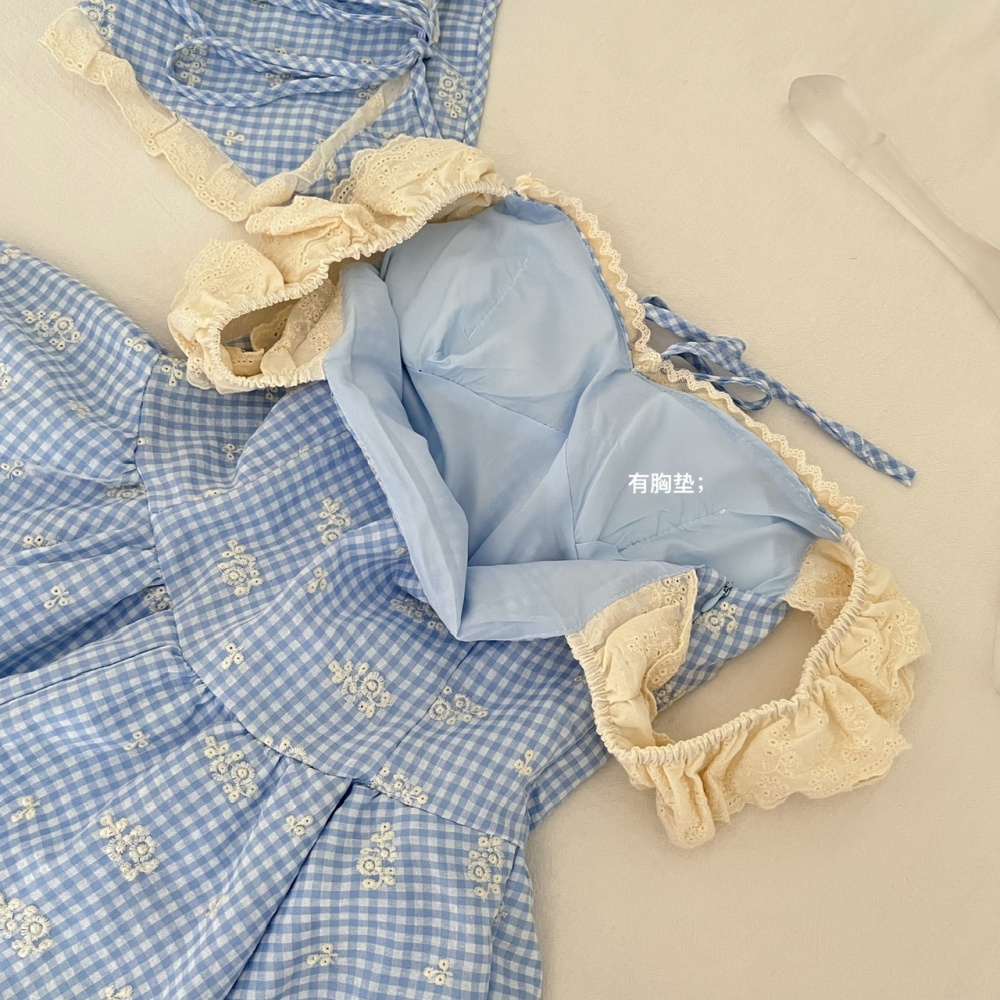 Retro blue Sexy underwear plaid boats sleeve dress