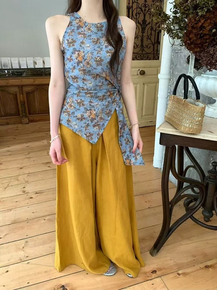 Drape sleeveless vest frenum wide leg pants a set