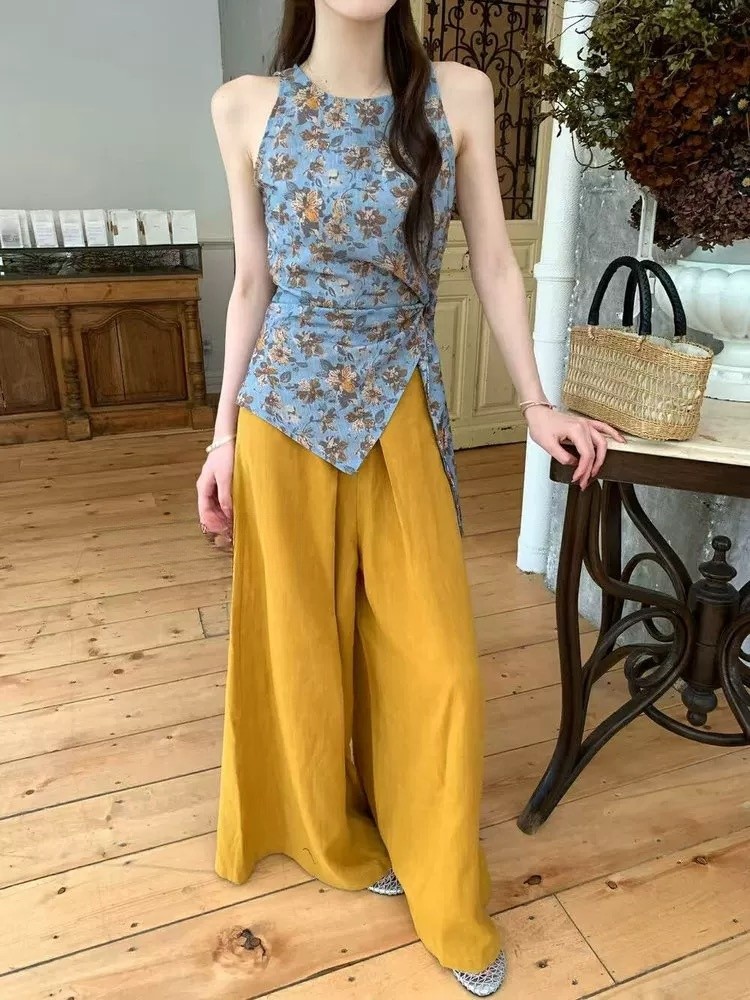 Drape sleeveless vest frenum wide leg pants a set