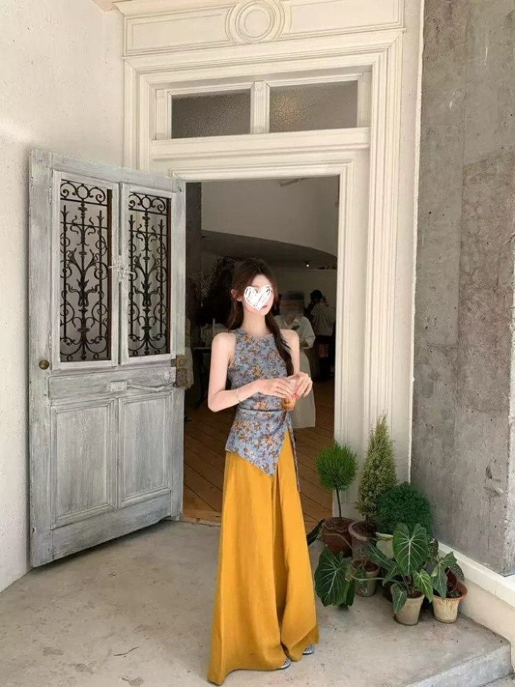 Drape sleeveless vest frenum wide leg pants a set