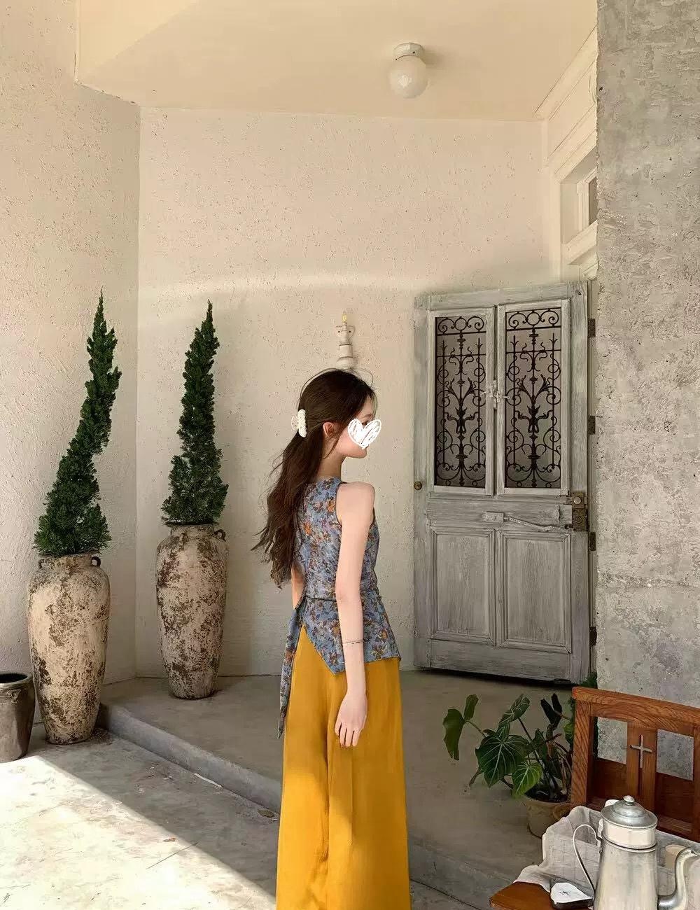 Drape sleeveless vest frenum wide leg pants a set