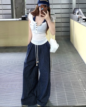 Plaid short sleeve T-shirt sling summer vest a set for women