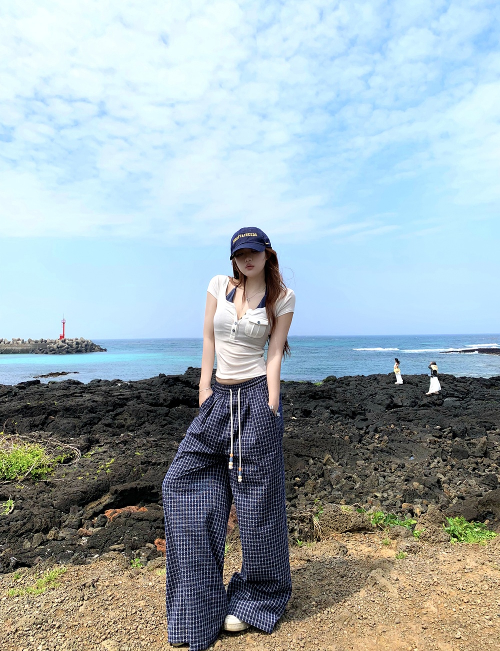 Plaid short sleeve T-shirt sling summer vest a set for women