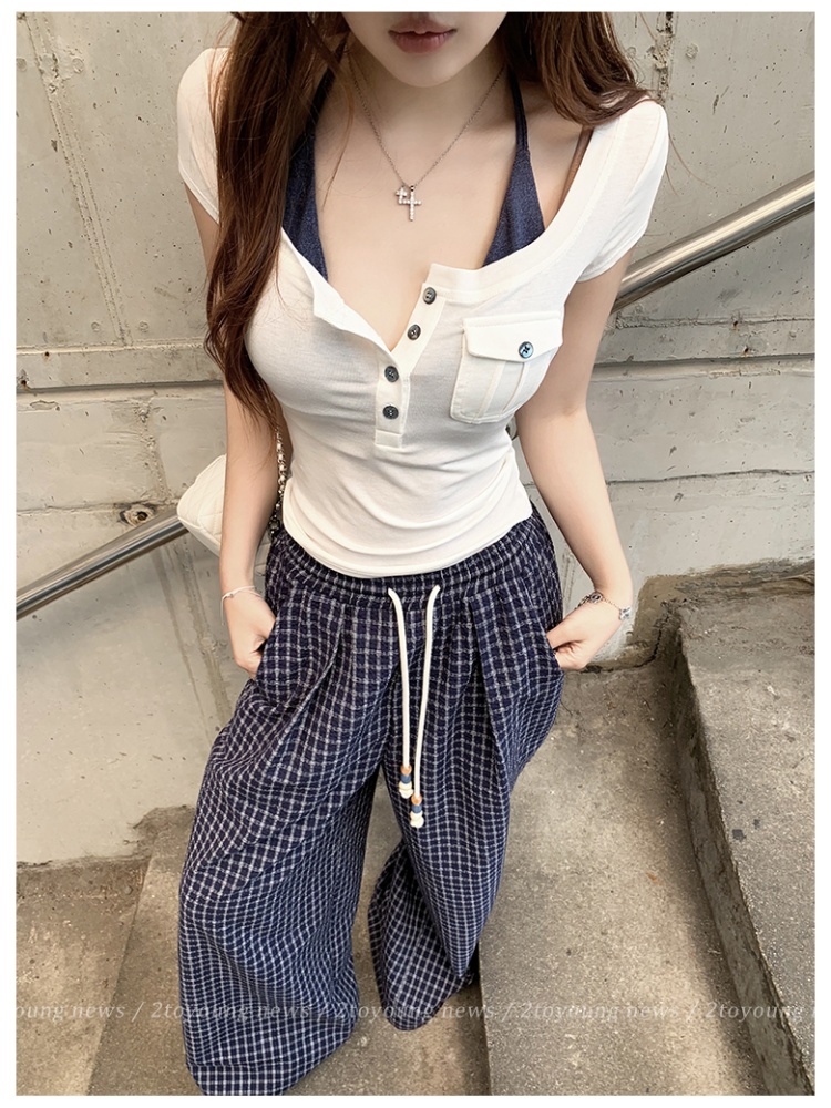 Plaid short sleeve T-shirt sling summer vest a set for women