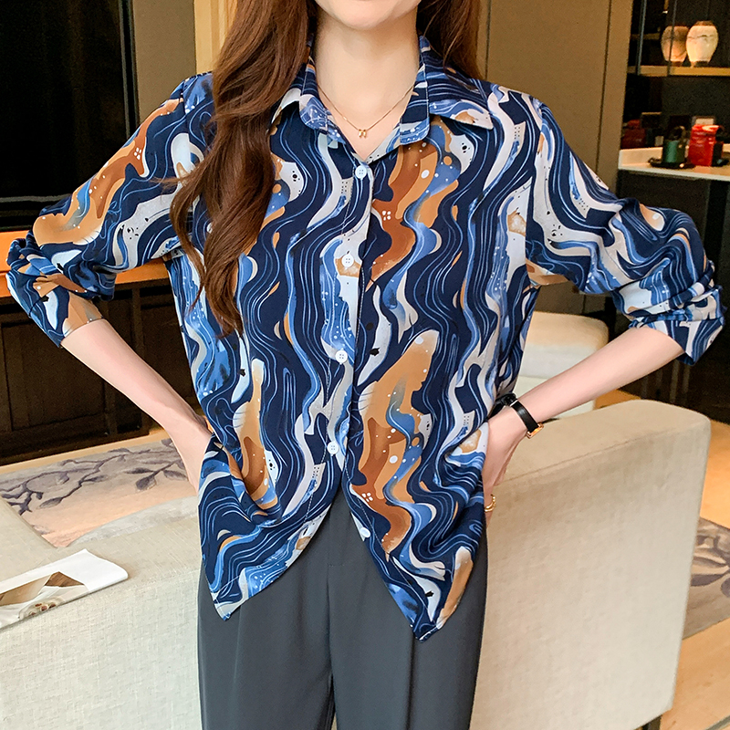 Long sleeve printing autumn chiffon shirt