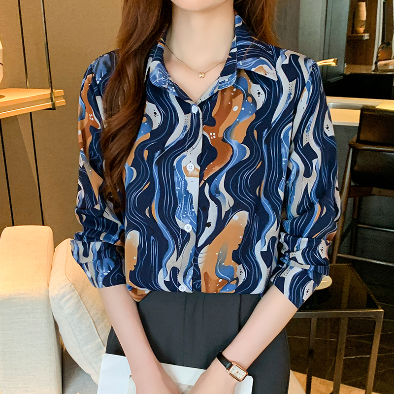 Long sleeve printing autumn chiffon shirt