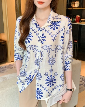 Cotton linen printing long sleeve autumn shirt for women