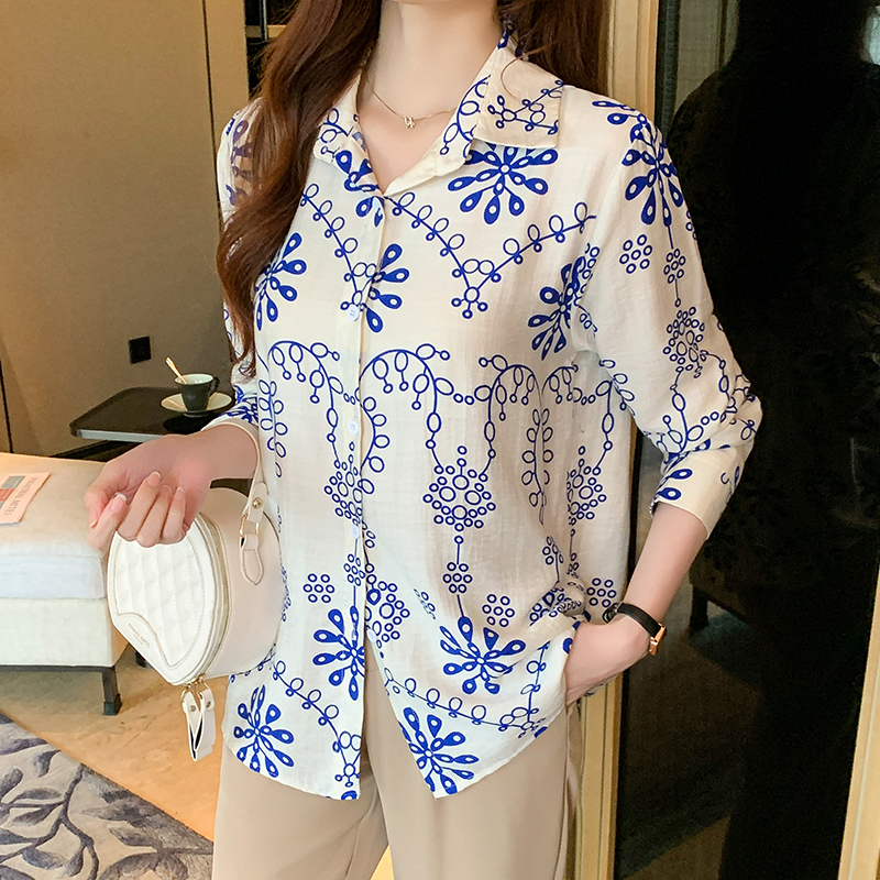 Cotton linen printing long sleeve autumn shirt for women