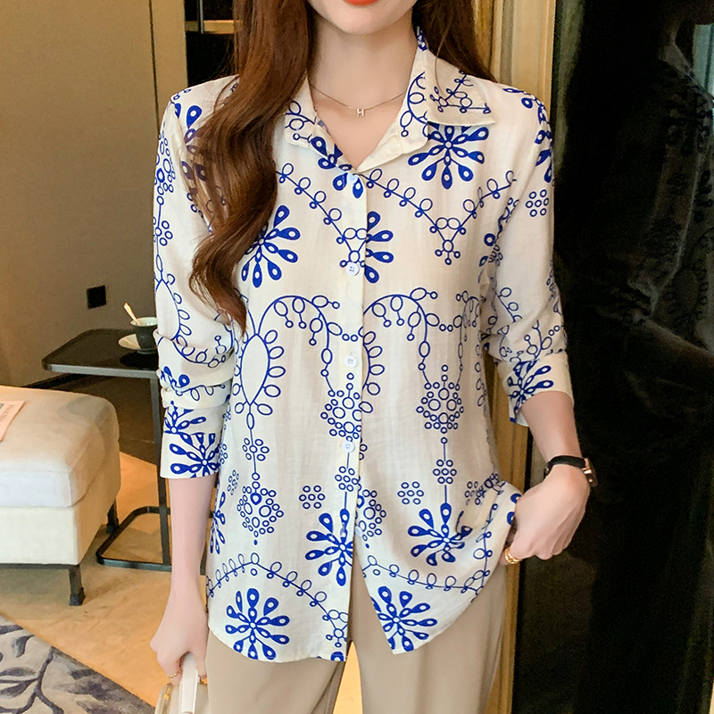 Cotton linen printing long sleeve autumn shirt for women