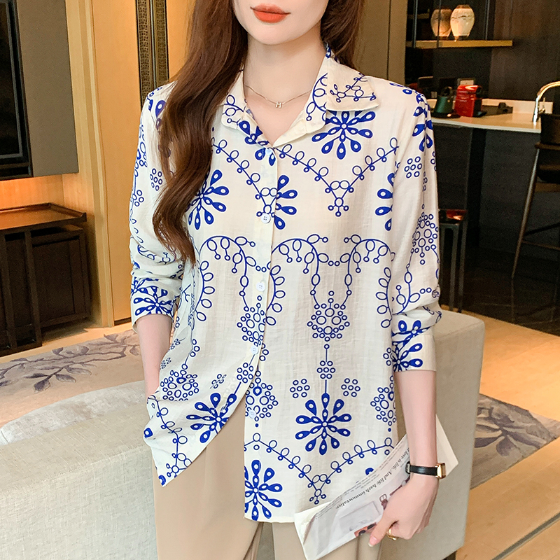 Cotton linen printing long sleeve autumn shirt for women