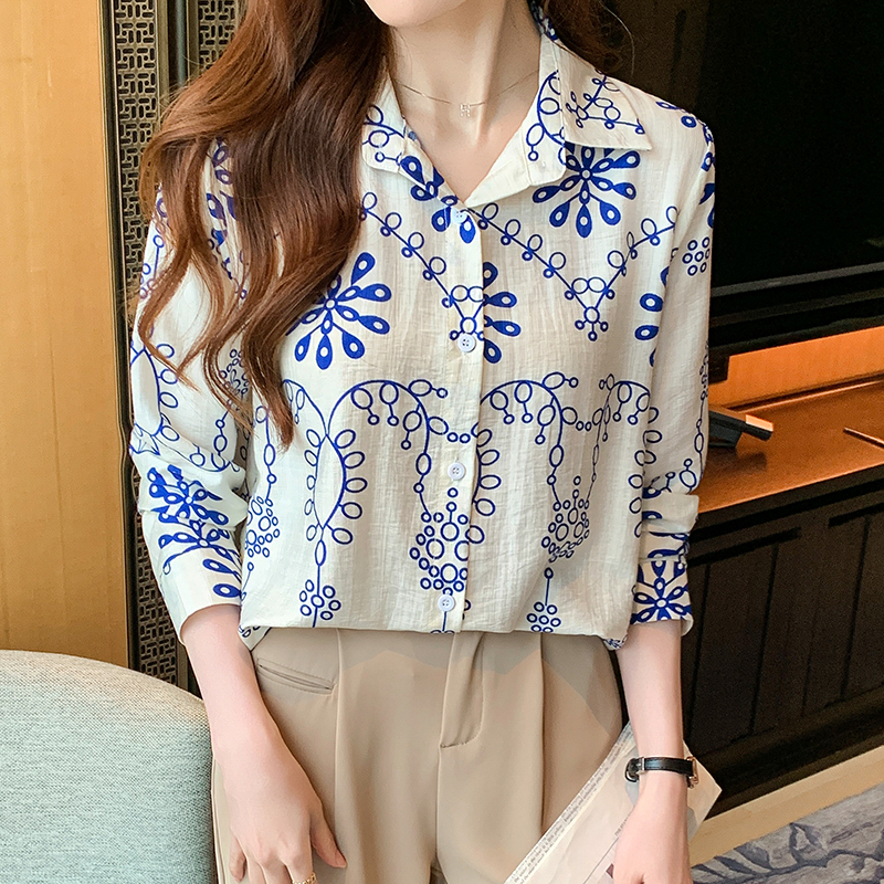 Cotton linen printing long sleeve autumn shirt for women