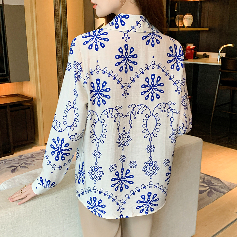 Cotton linen printing long sleeve autumn shirt for women