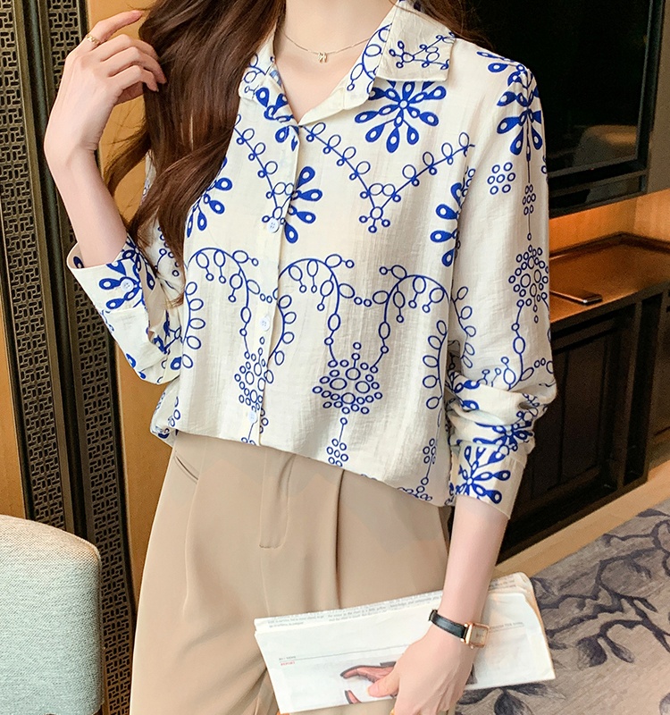 Cotton linen printing long sleeve autumn shirt for women