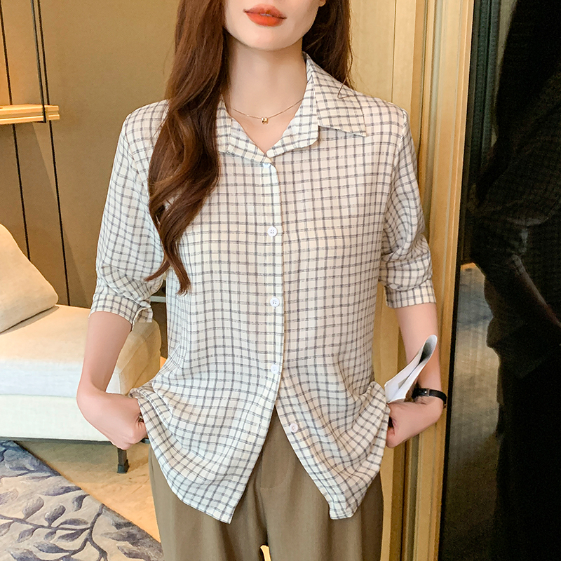 Houndstooth long sleeve chiffon autumn shirt for women