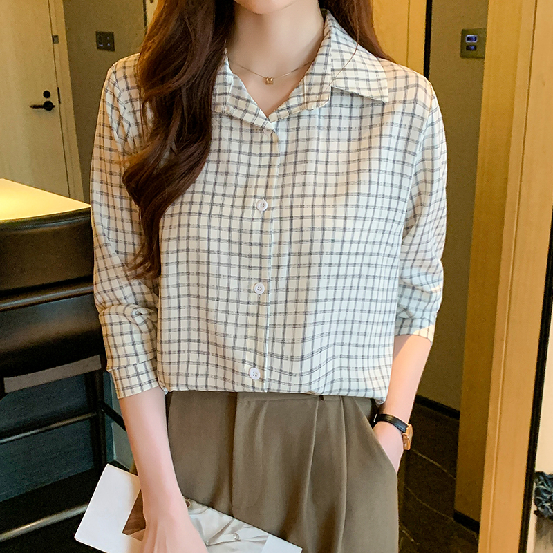 Houndstooth long sleeve chiffon autumn shirt for women