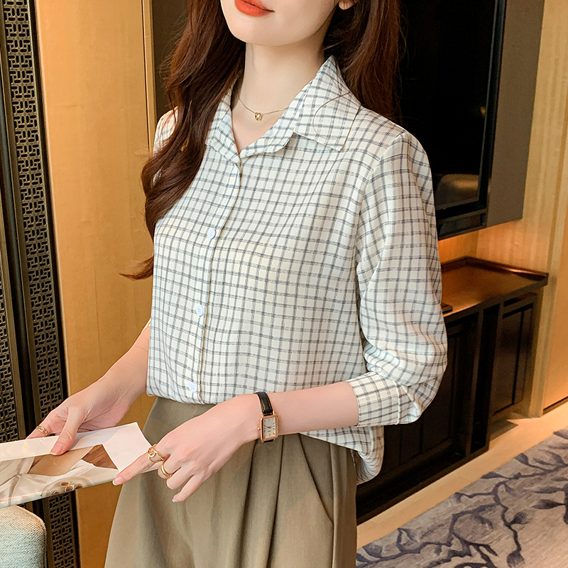 Houndstooth long sleeve chiffon autumn shirt for women