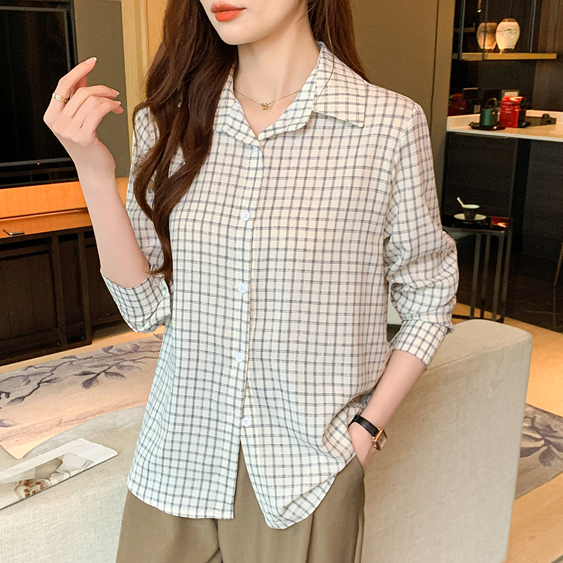 Houndstooth long sleeve chiffon autumn shirt for women