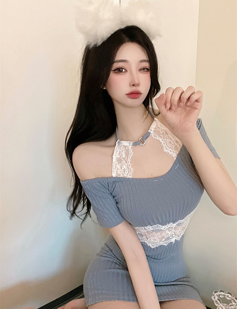 Retro lace splice halter slim dress