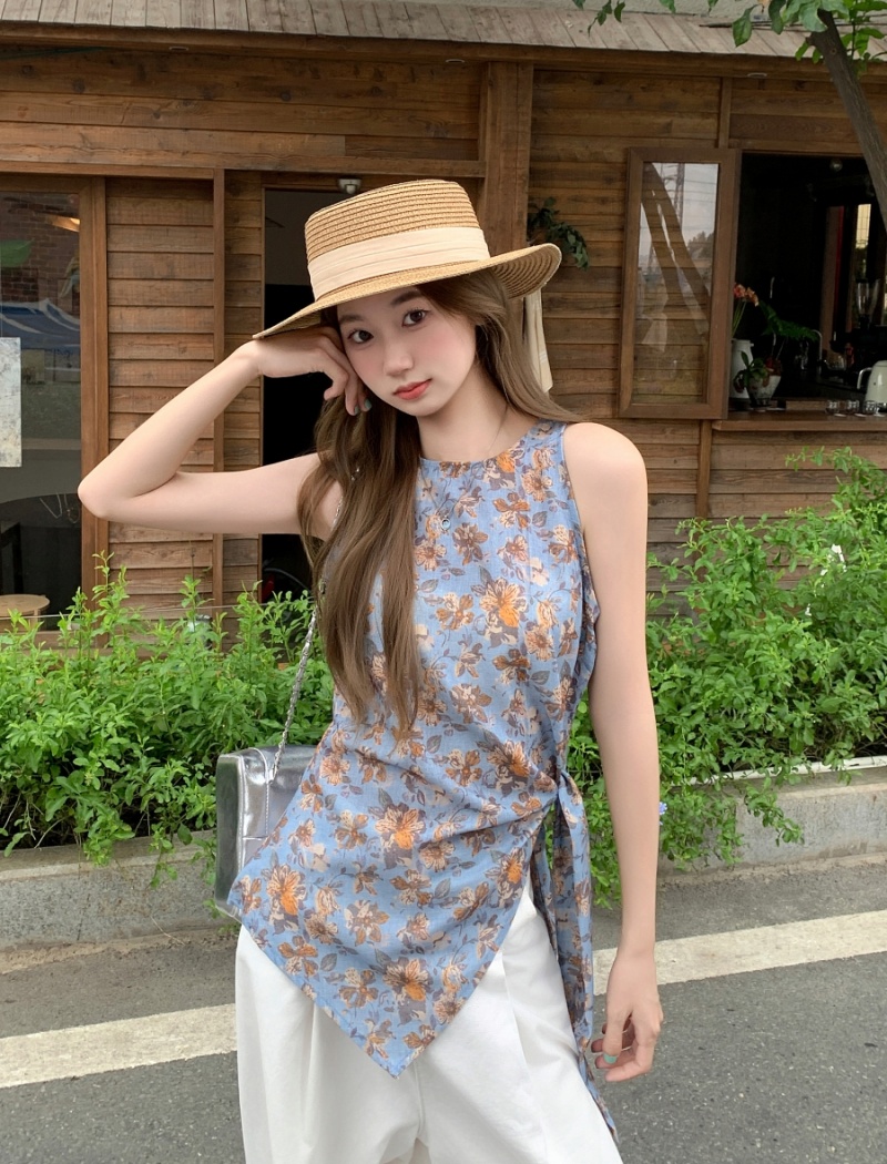 Frenum floral vest summer retro tops for women