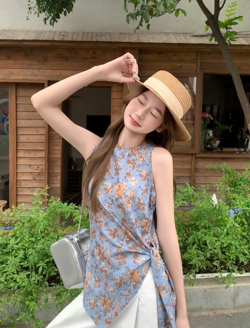 Frenum floral vest summer retro tops for women