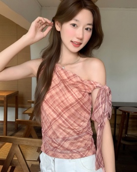 Short enticement tops plaid slim T-shirt for women