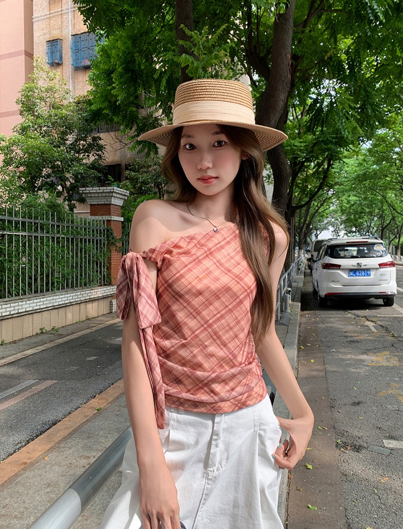 Short enticement tops plaid slim T-shirt for women