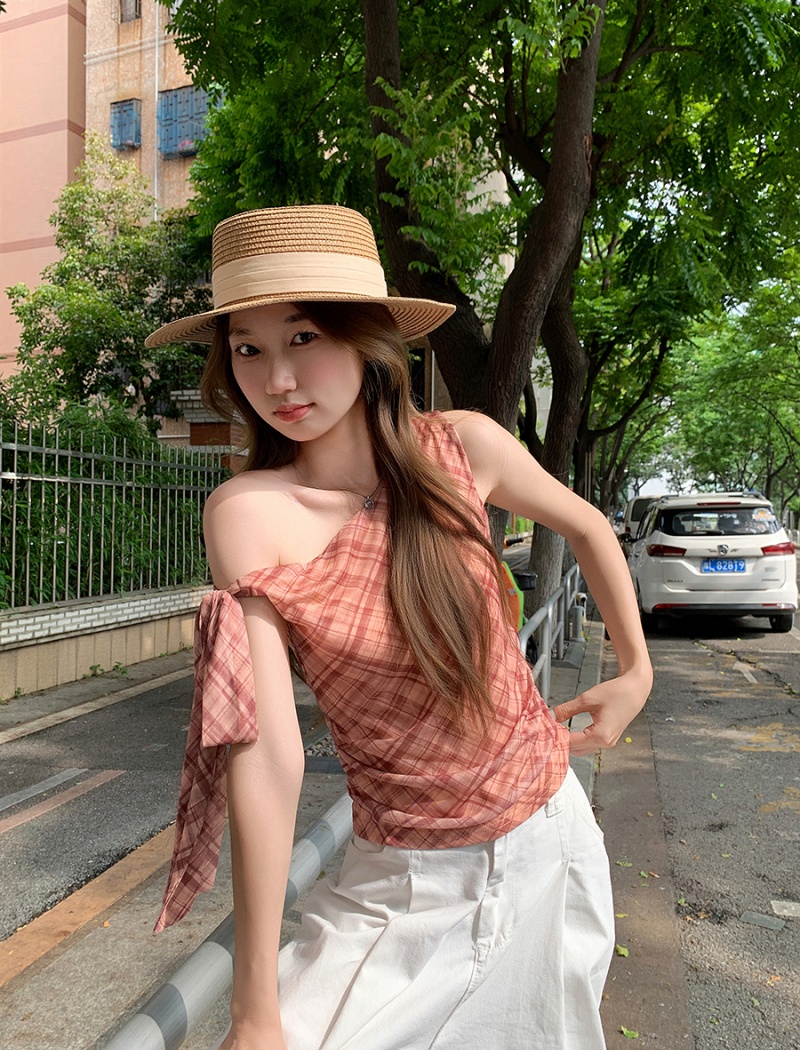 Short enticement tops plaid slim T-shirt for women