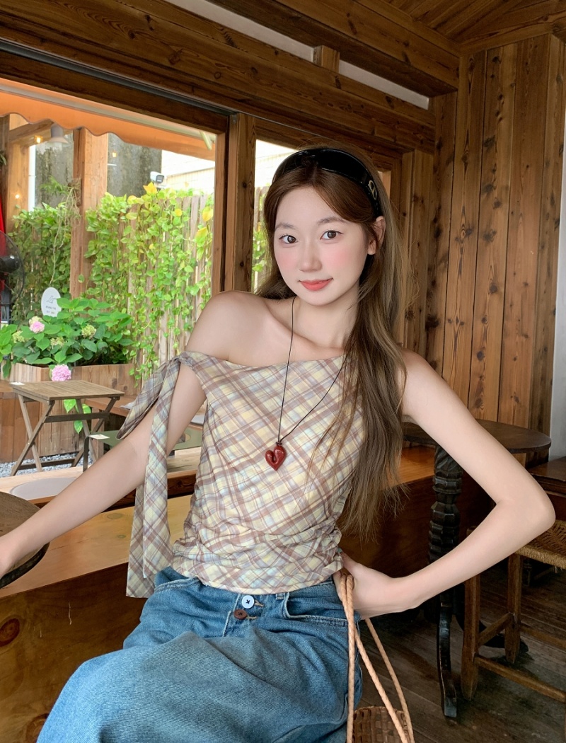 Short enticement tops plaid slim T-shirt for women