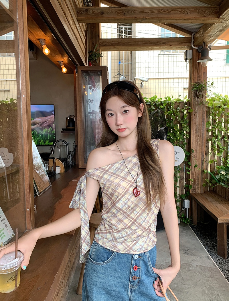 Short enticement tops plaid slim T-shirt for women