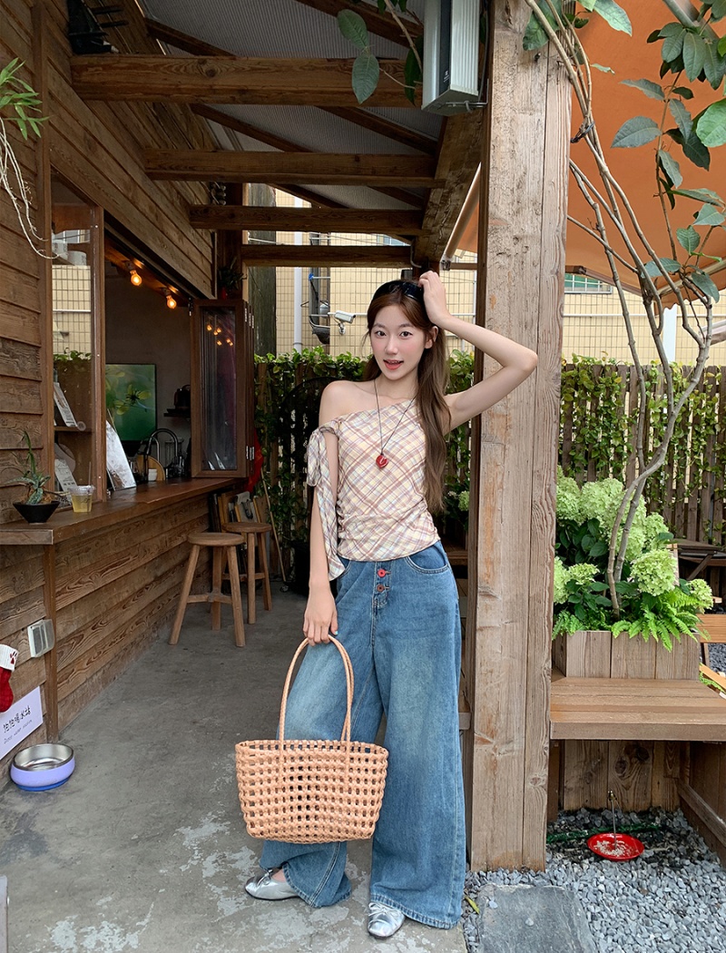 Short enticement tops plaid slim T-shirt for women