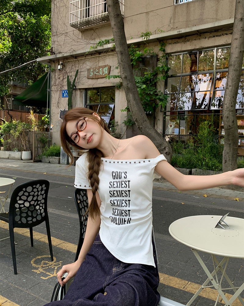 Pinched waist printing T-shirt slim tops for women