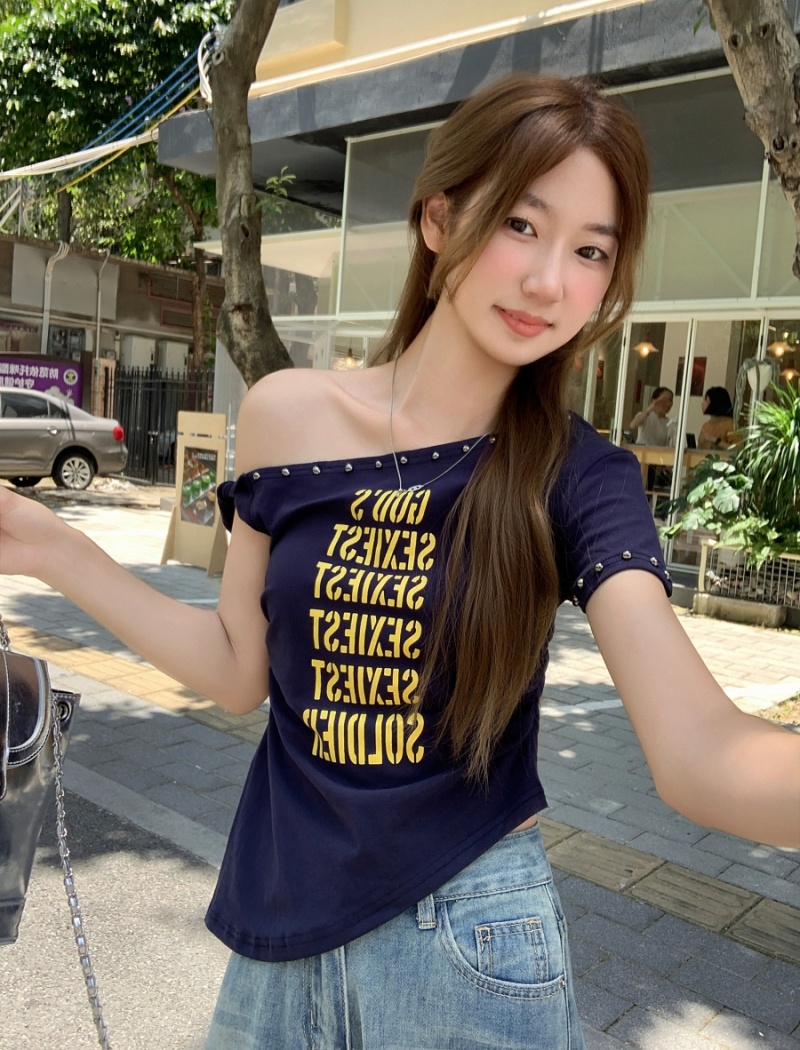 Pinched waist printing T-shirt slim tops for women