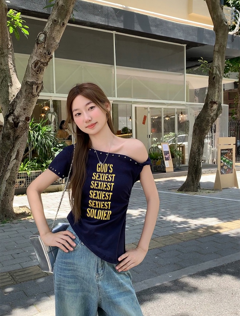 Pinched waist printing T-shirt slim tops for women
