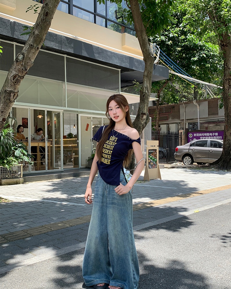 Pinched waist printing T-shirt slim tops for women
