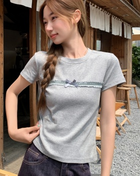 Short sleeve bow hollow tops short summer slim T-shirt