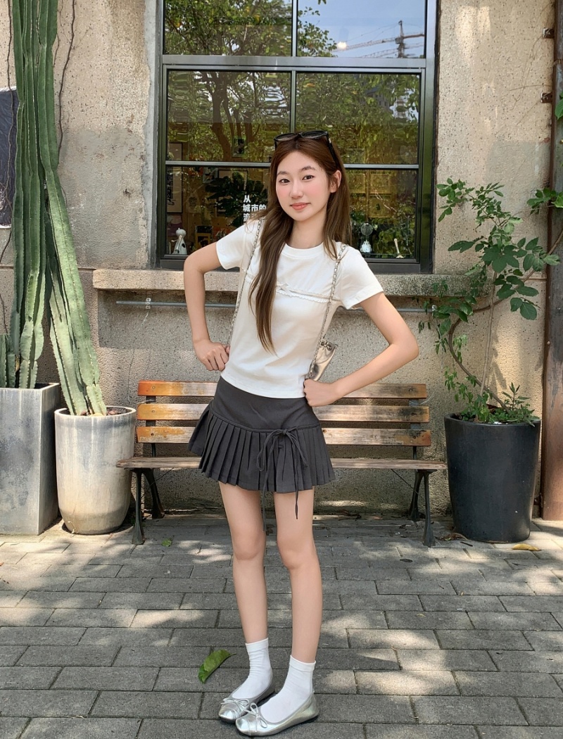 Short sleeve bow hollow tops short summer slim T-shirt