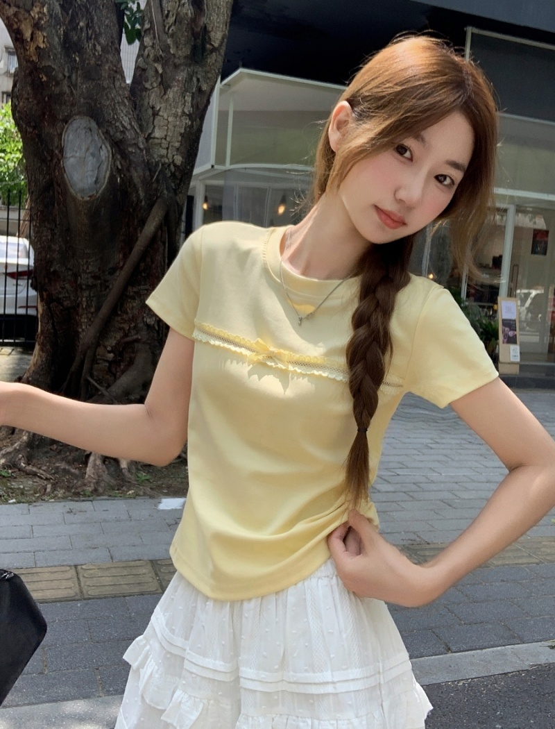 Short sleeve bow hollow tops short summer slim T-shirt
