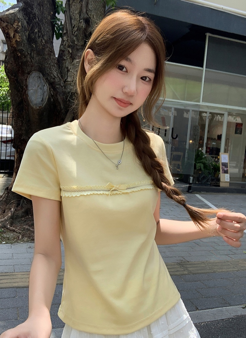 Short sleeve bow hollow tops short summer slim T-shirt