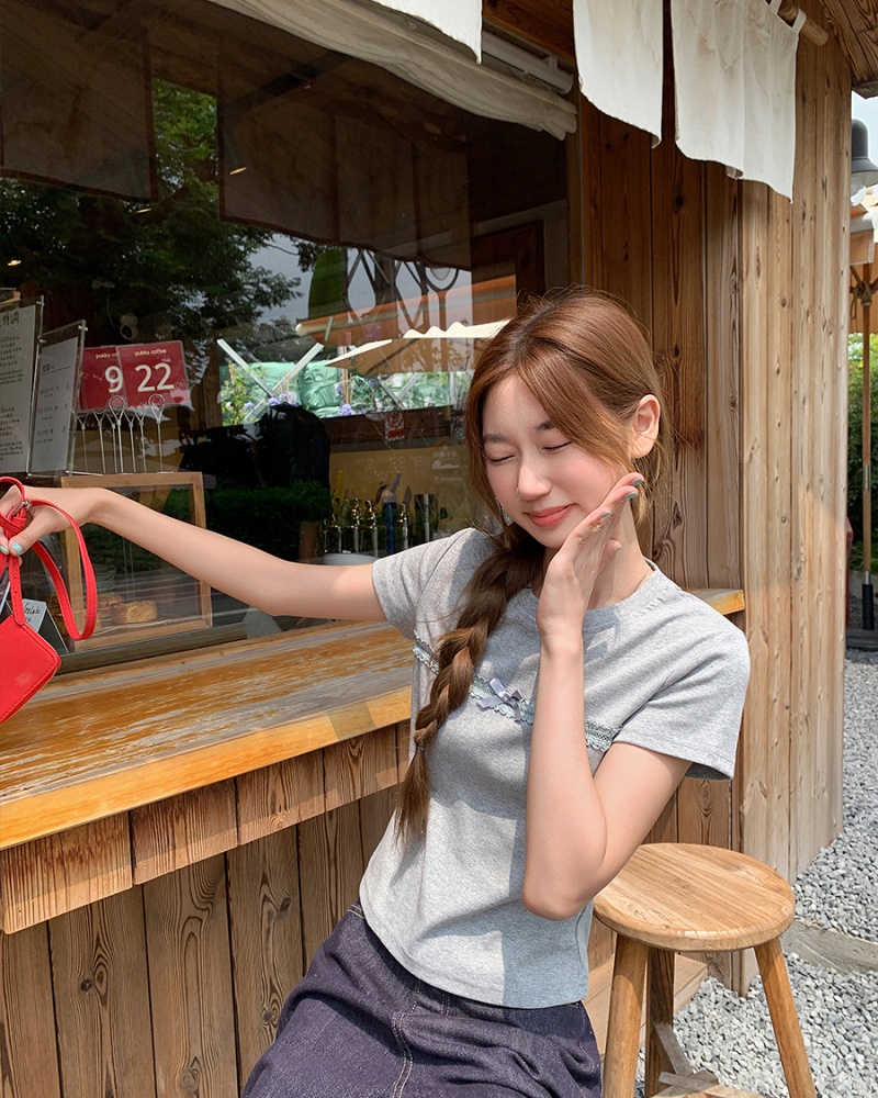 Short sleeve bow hollow tops short summer slim T-shirt