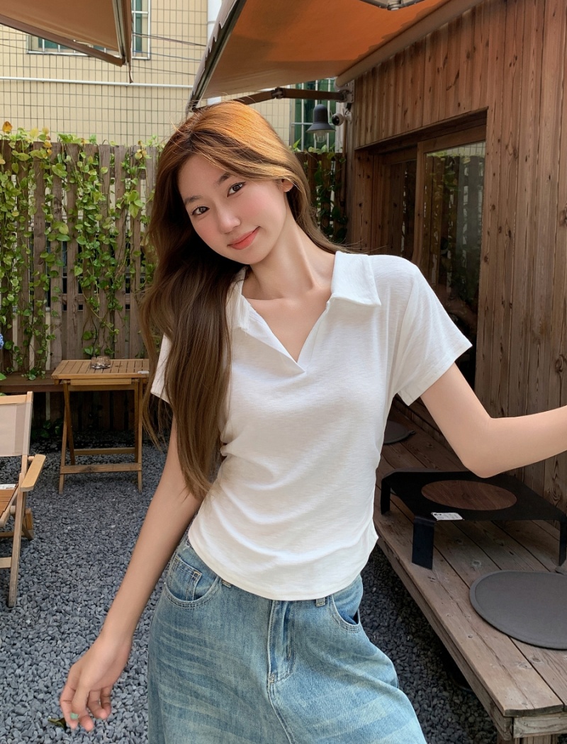 Small fellow V-neck T-shirt short slim tops for women