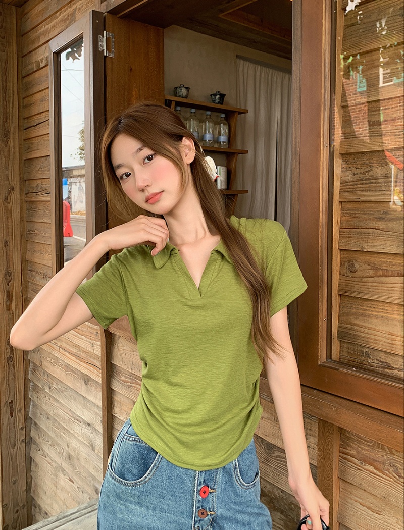 Small fellow V-neck T-shirt short slim tops for women