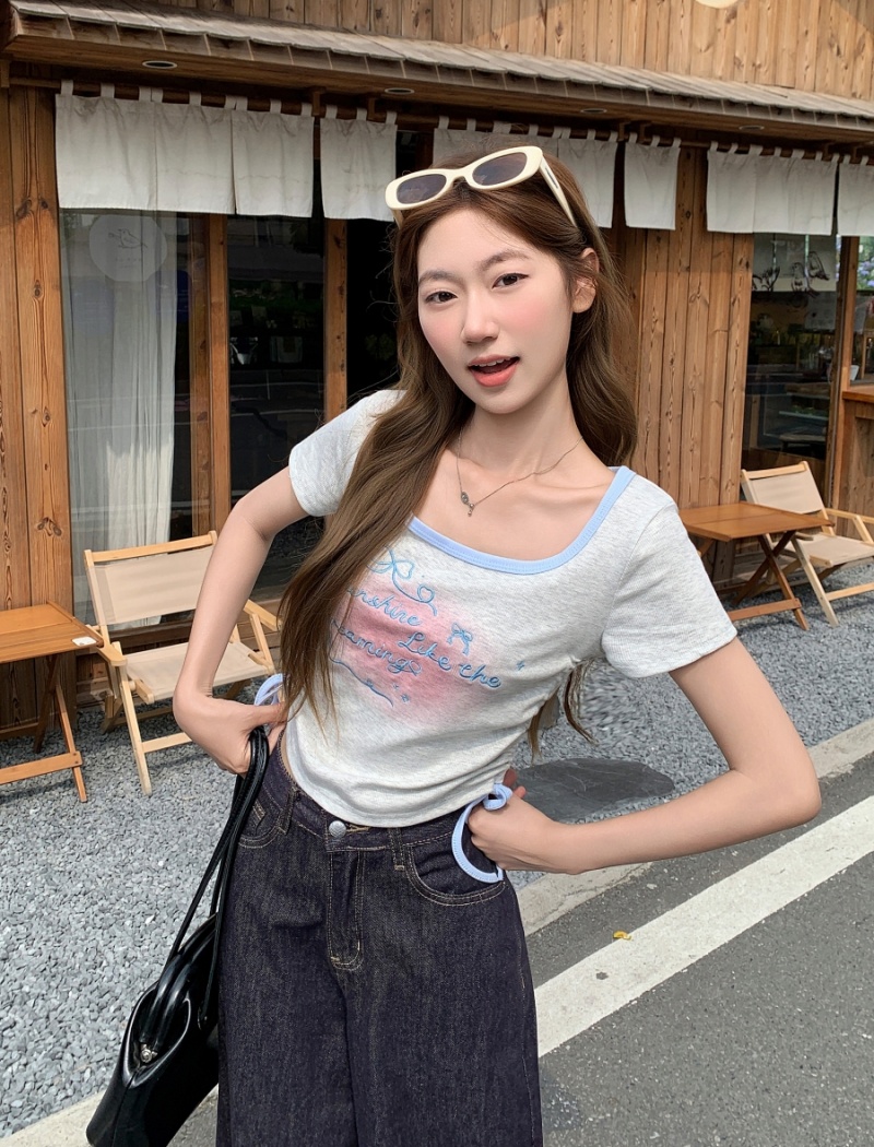Embroidery short sleeve small shirt letters tops for women