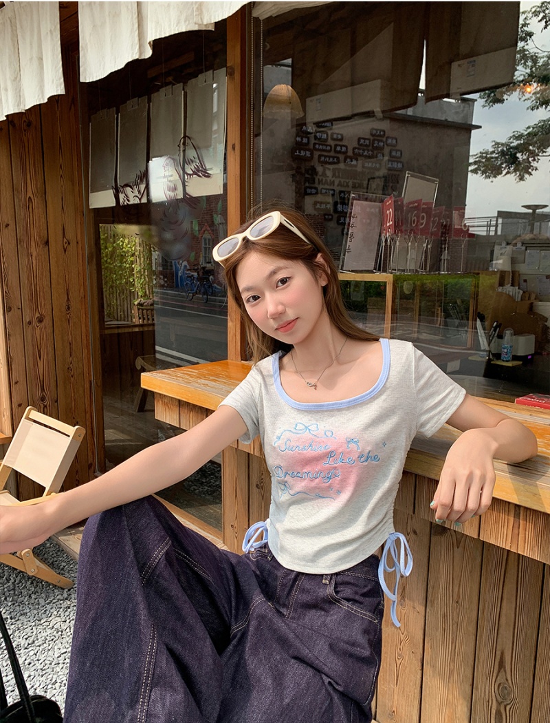 Embroidery short sleeve small shirt letters tops for women