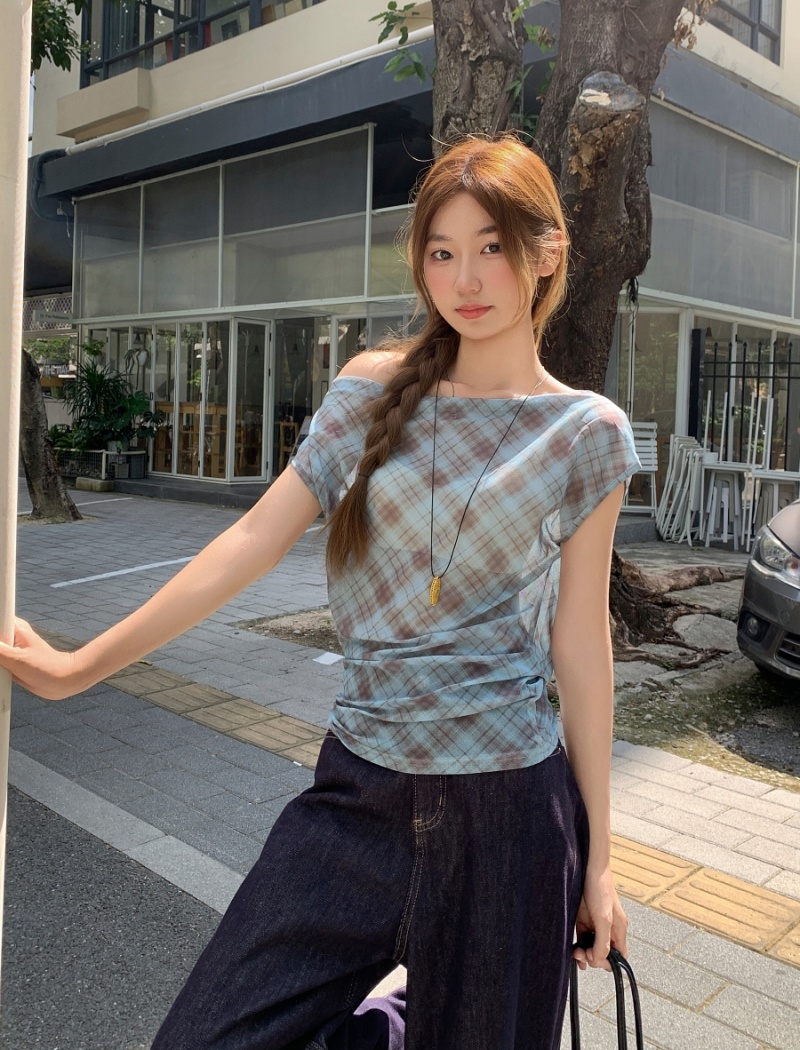 Thin short T-shirt strapless plaid tops for women