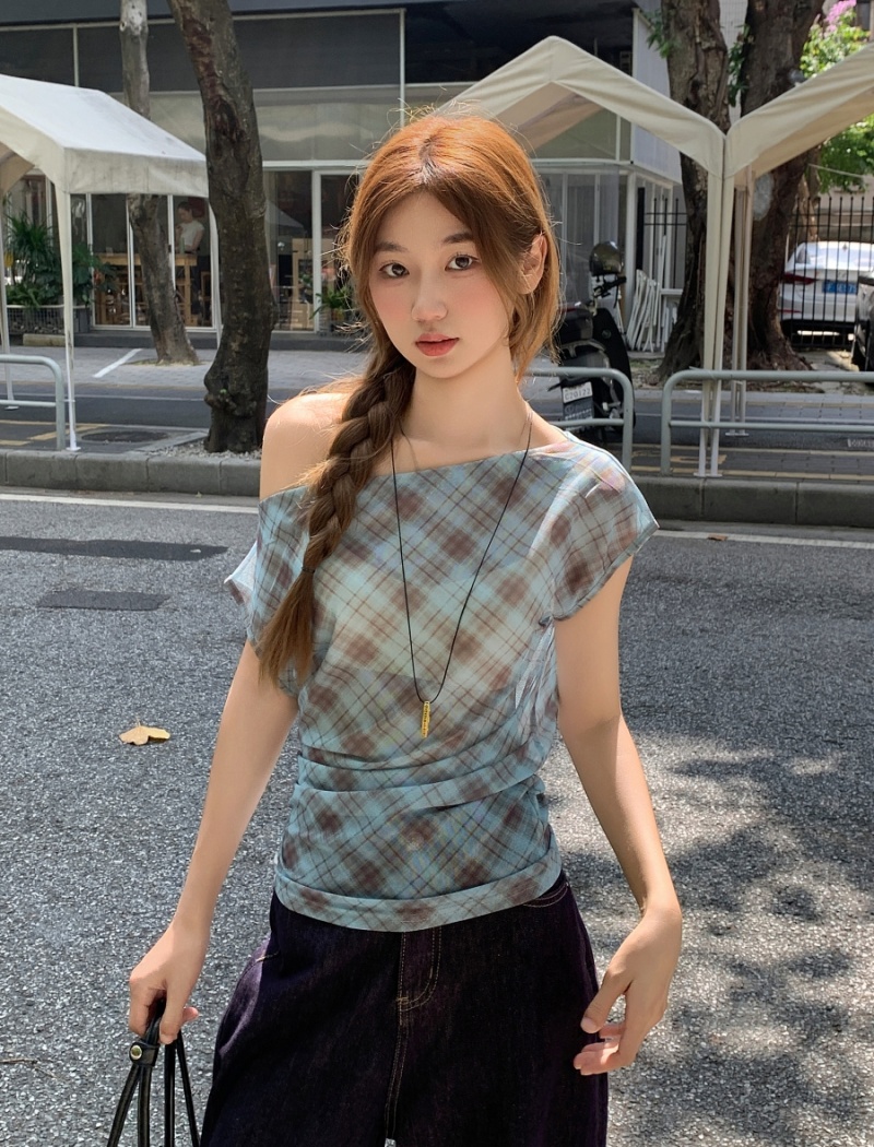 Thin short T-shirt strapless plaid tops for women