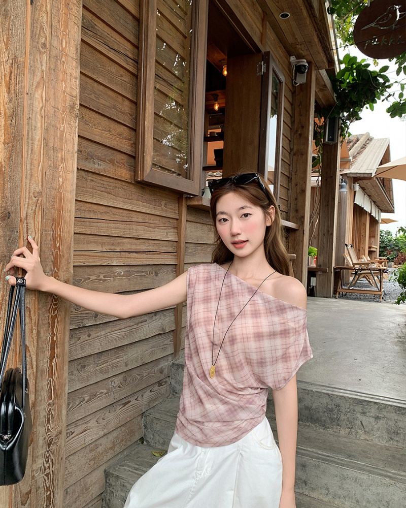 Thin short T-shirt strapless plaid tops for women