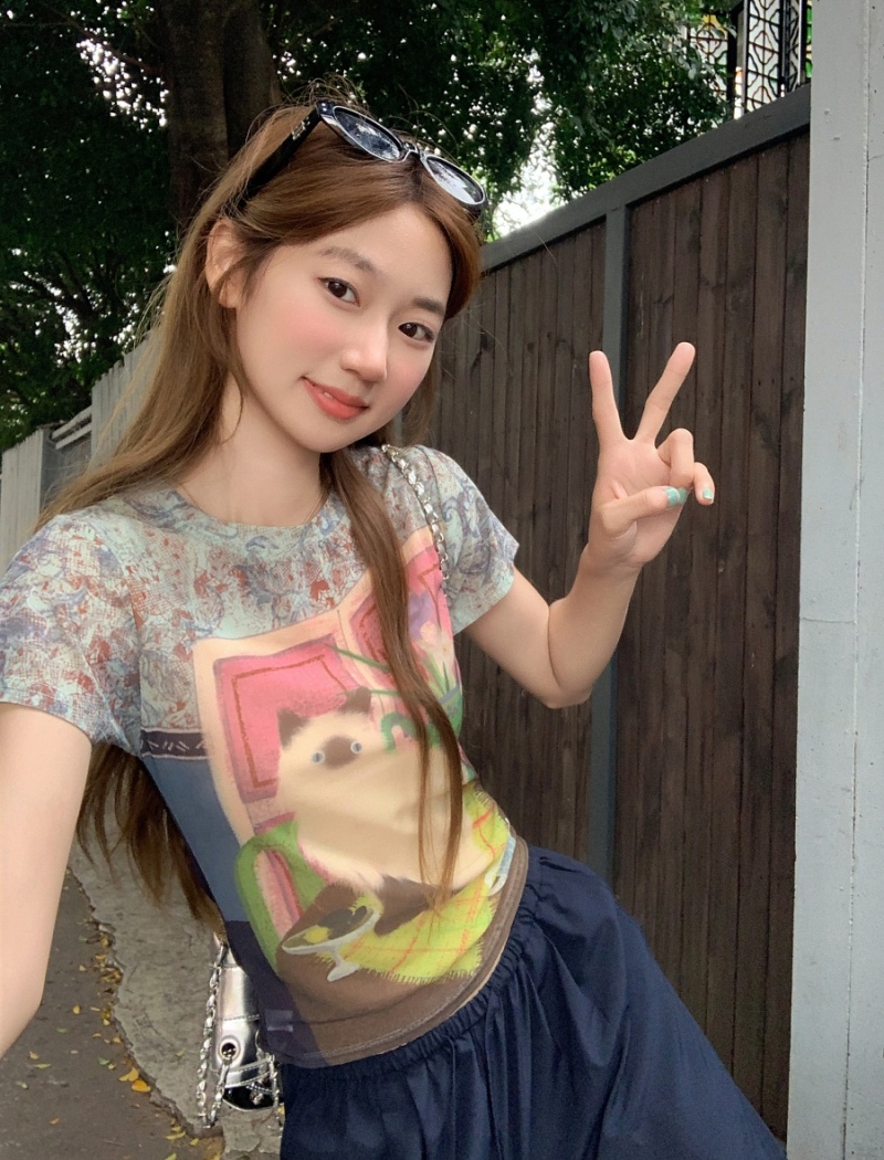Gauze short tops summer American style T-shirt for women